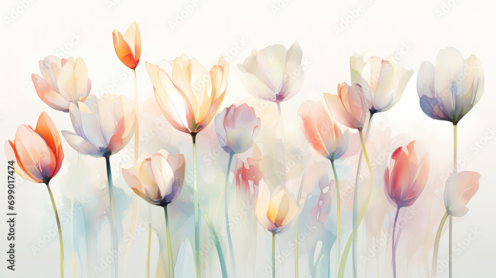 Elegant tulip flowers transparent watercolour background. Pastel colour palette. Generative AI - obrazy, fototapety, plakaty 