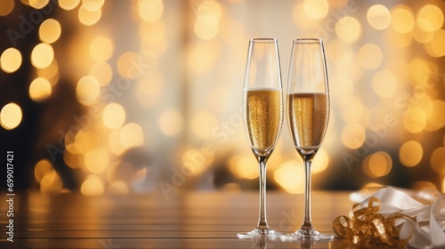 Image featuring glasses of sparkling champagne with a dazzling gold bokeh background for joyous festivities and celebratory occasions.