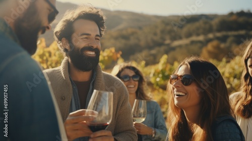 Group of friends enjoying a wine tasting experience outdoors during an sunny autumn day, with the focus on a wineglass.
