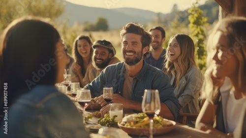 Group of friends smiling and toasting glasses of wine in a beautiful farmhouse vineyard during harvest season.