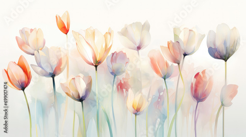 Elegant tulip flowers transparent watercolour background. Pastel colour palette. Generative AI #699017474