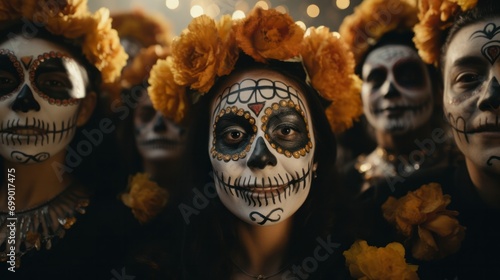 Group of Mexican people celebrating Mexico's Day of the Dead with traditional costumes and face paint.