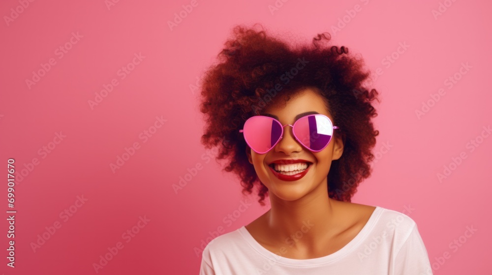 Happy African American young woman in heart-shaped sunglasses enjoying summer and Valentine's Day, expressing emotion over a vibrant pink background.