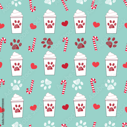 Paws, coffee shop and candies seamless Happy new year and Merry Christmas pattern