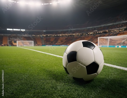 Soccer ball in the center of the stadium.