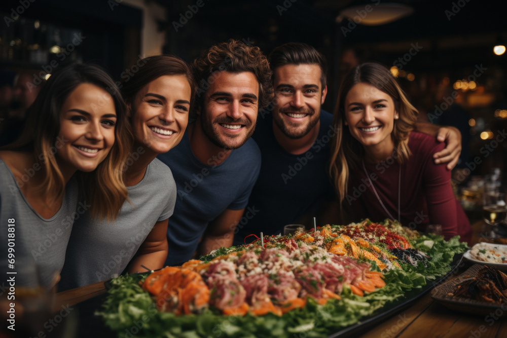 Group of happy friends taking selfie while celebrating in restaurant Group of happy friends taking selfie while celebrating in restaurant