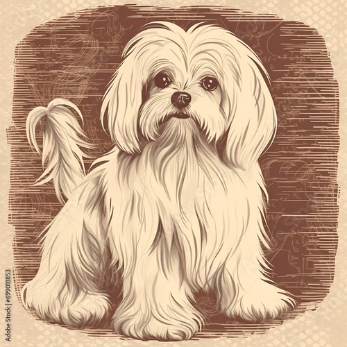 Maltese dog, old vintage retro postcard style, close-up portrait, cute pet, creative animal illustration