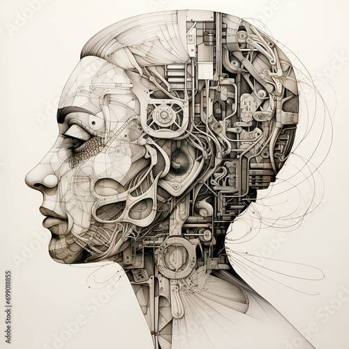 Human head consisting of microcircuits, parts and wires, humanoid robot, artificial intelligence, black and white drawing, engraving style 