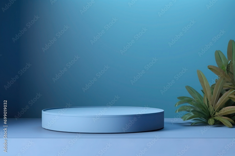 Empty round blue podium or platform for product display, Minimal style Empty round blue podium or platform for product display, Minimal style