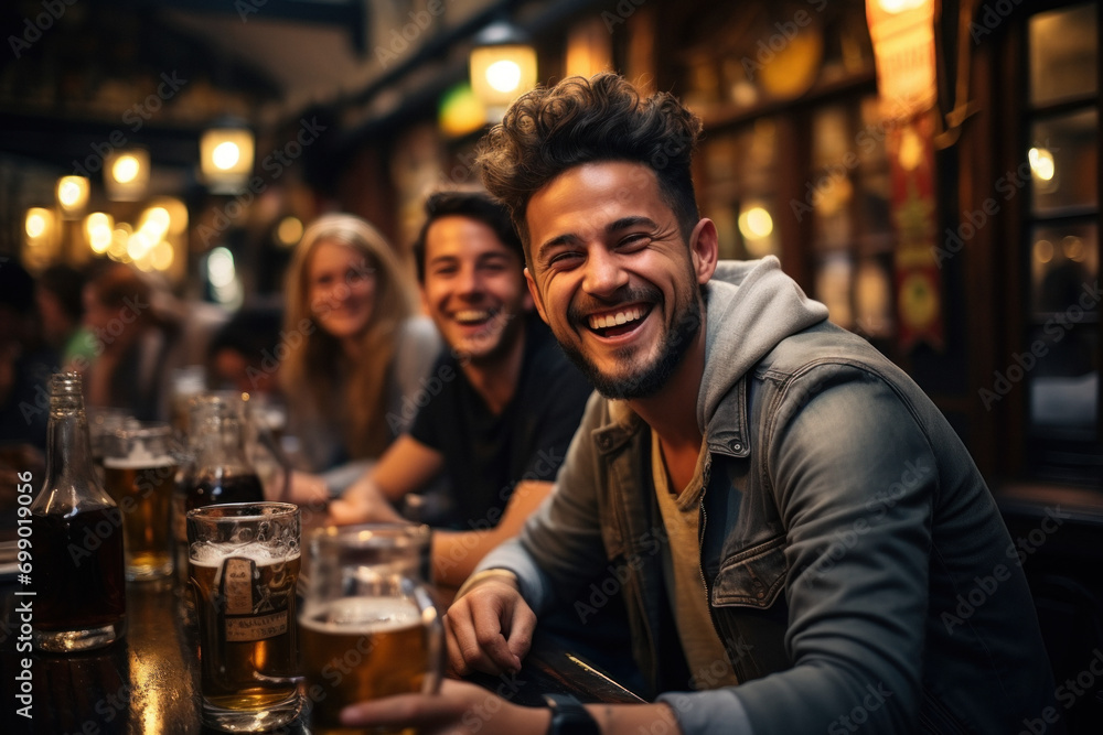 A young beautiful Caucasian man is sitting in the company of friends in a bar on a weekend