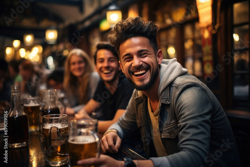 A young beautiful Caucasian man is sitting in the company of friends in a bar on a weekend