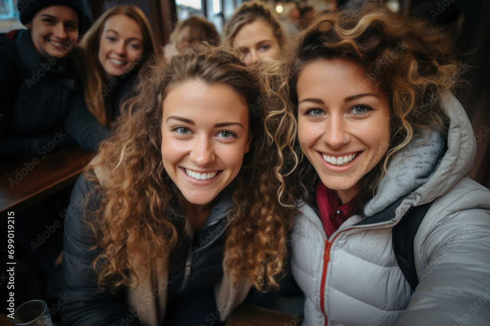 Group of happy friends taking selfie while celebrating in restaurant Group of happy friends taking selfie while celebrating in restaurant