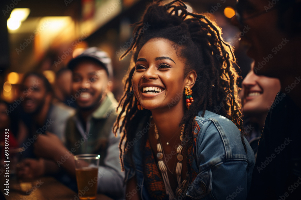 A young beautiful African woman is sitting in the company of friends in a bar on a weekend