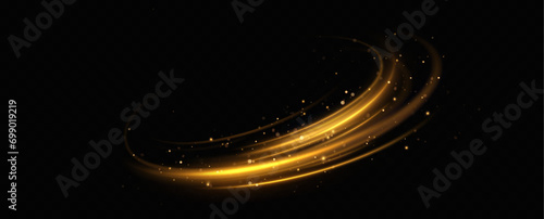 Golden glowing swirl. The effect of moving at the speed of light. Easy trail. Shiny wavy path. Vector.Neon light.