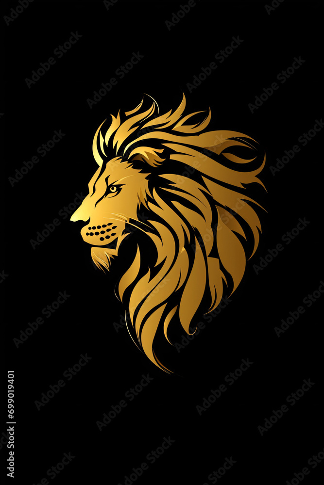 Fototapeta premium gold lion logo isolated on clean dark black background, symbol, wallpaper