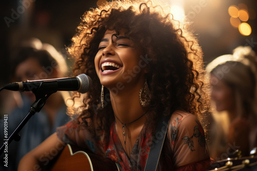 Young female playing the guitar and singing into a microphone in a bar photo