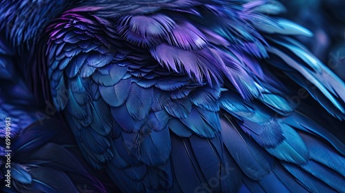 A cascade of deep blue and purple feathers on a dark background.  © Dannchez