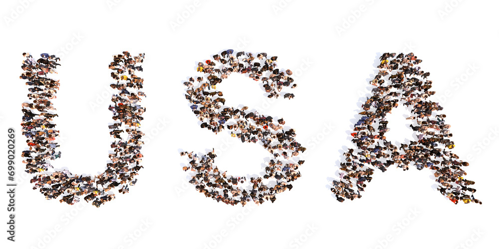 Concept conceptual large community of people forming USA name. 3d illustration metaphor for freedom, democracy, opportunities, power, patriotism, progress, economy, bussiness, tourism and success Concept conceptual large community of people forming USA name. 3d illustration metaphor for freedom, democracy, opportunities, power, patriotism, progress, economy, bussiness, tourism and success