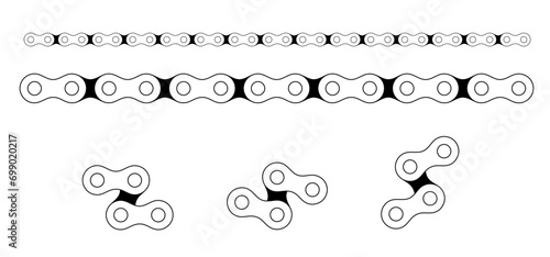 Cartoon silhouette of the chain for bike or bicycle. Cycling line pattern. Motorcycle chain links symbol. Bicycle chains icon. Chain machine sign. Gear machine. photo