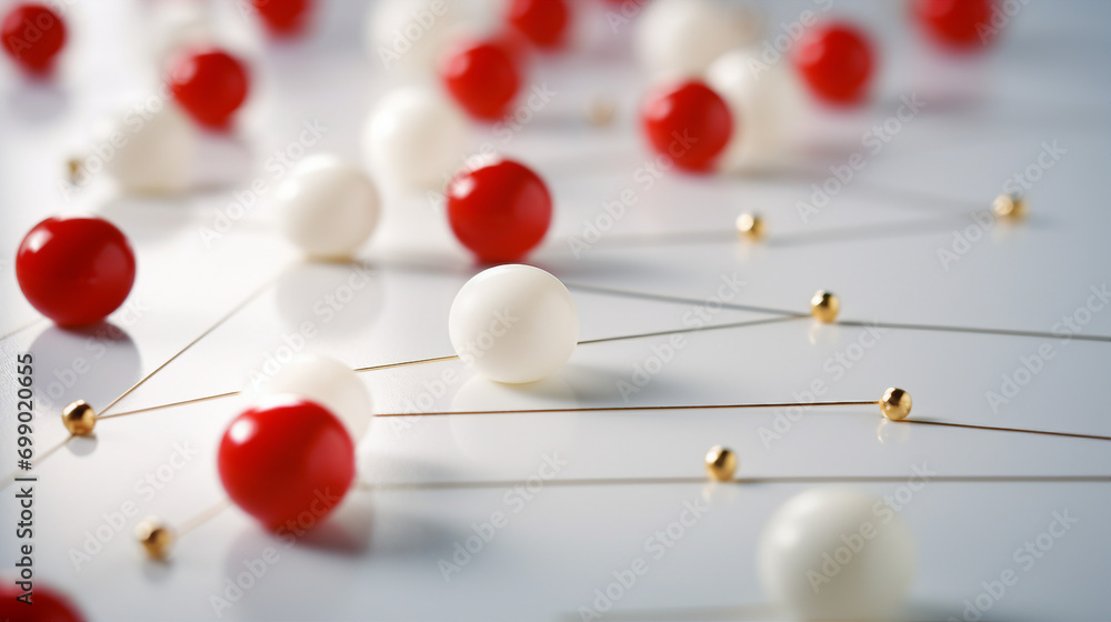 Creative Business Strategy: Red and White Push Pins Connected by Thread Representing Collaboration and Teamwork for Success and Innovation