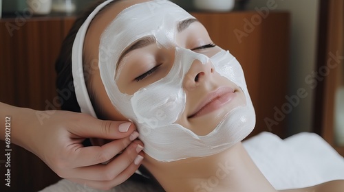 Cosmetologist Applying Facial Mask at Face of Young Woman
