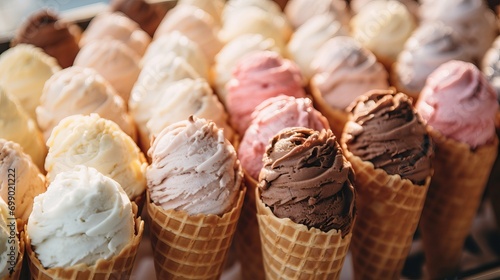 Indulgent Delight: Close-Up of Chocolate and Strawberry Ice Cream Cones