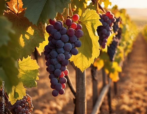 Vineyards at sunset in autumn harvest. Ripe grapes in fall.