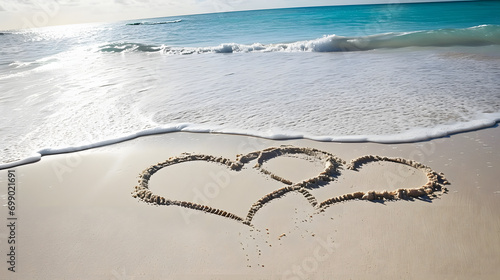 two hearts drawn on perfectly white sand of paradise beach