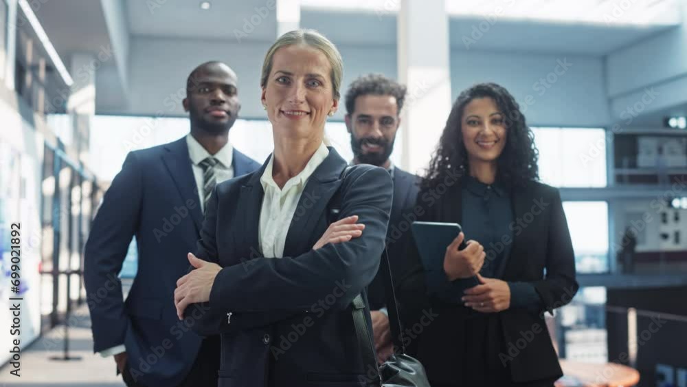 Group of Happy Multiethnic Team of Female and Male Managers, Specialists and Business Professionals Posing for Camera and Smiling. Portrait of a Confident Female Team Leader Standing First Group of Happy Multiethnic Team of Female and Male Managers, Specialists and Business Professionals Posing for Camera and Smiling. Portrait of a Confident Female Team Leader Standing First