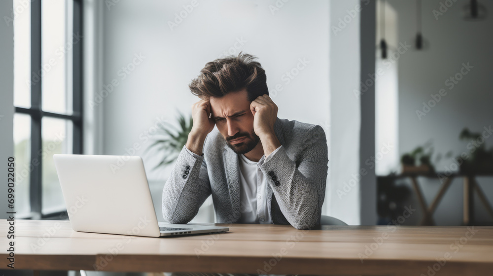 Distressed man feeling headache at work with laptop. Emotional stress. Generative AI Distressed man feeling headache at work with laptop. Emotional stress. Generative AI