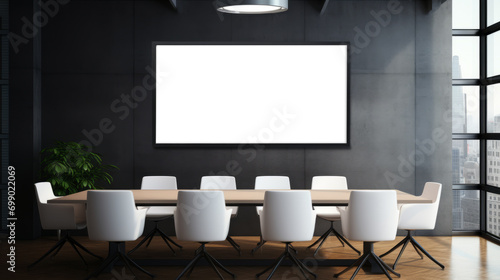Professional conference room with empty poster mockup and urban backdrop. Corporate design concept. Generative AI