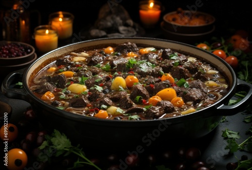 Hearty Beef Stew in a Cast-Iron Dutch Oven with Cozy Atmosphere