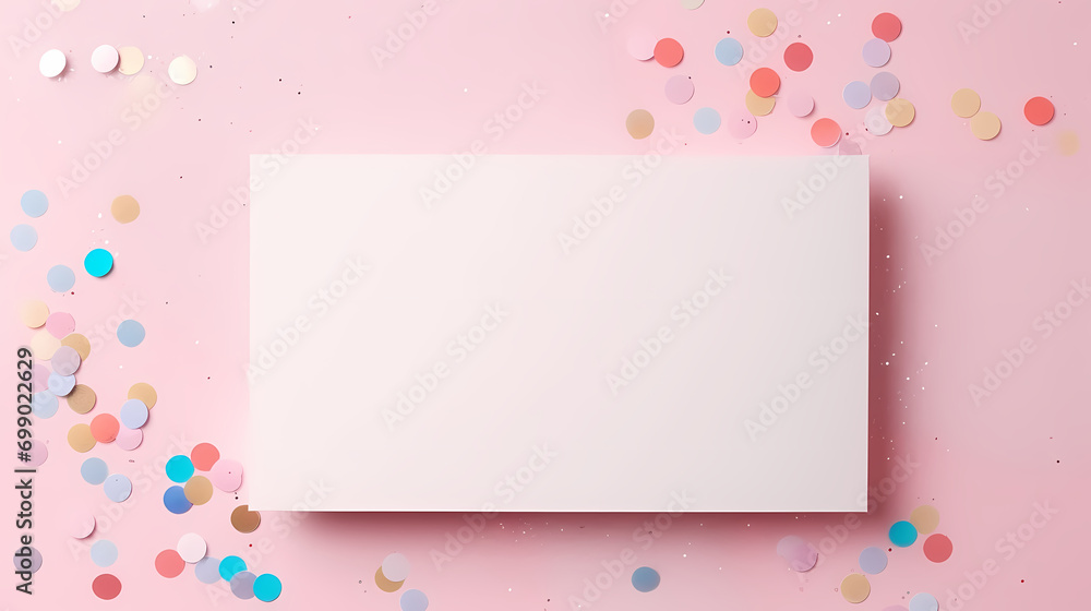 Colorful sequins and confetti scattered on white greeting card, festive festive background Colorful sequins and confetti scattered on white greeting card, festive festive background