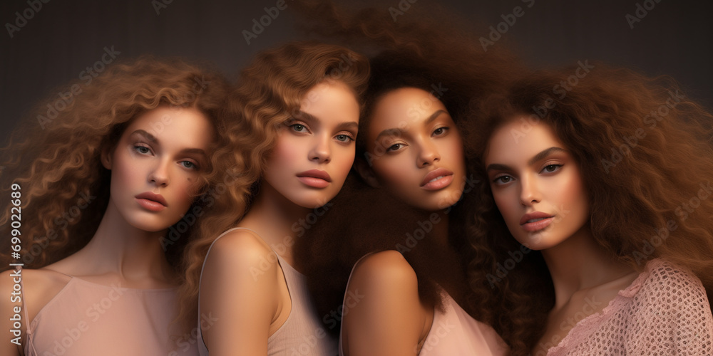 Obraz premium Unity concept: A diverse group of women of all skin tones, hair types posing together. A multiculture group standing together. Neutral colour. Women's day banner.