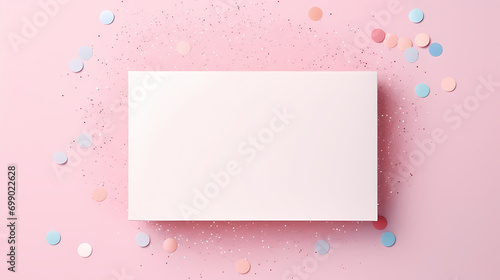 Colorful sequins and confetti scattered on white greeting card, festive festive background