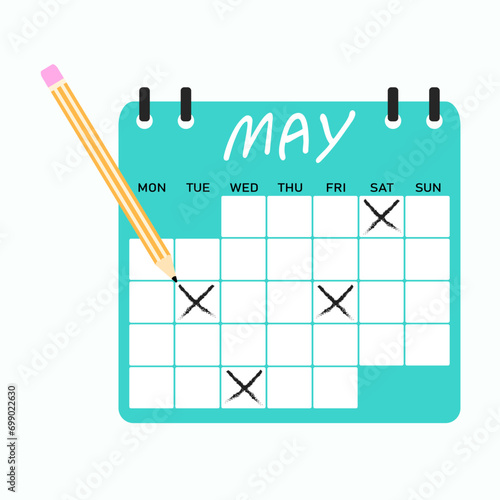 Crossed with a pencil on a calendar on rings and marked events. Vector illustration