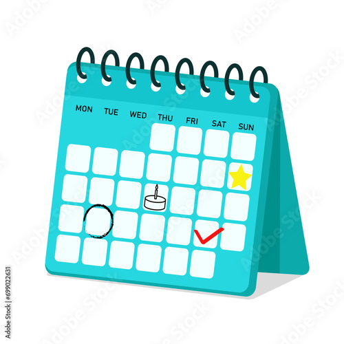 Calendar on rings and marked events. Vector illustration