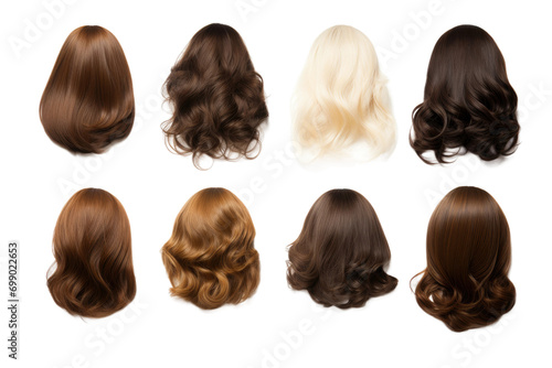 Gigapixel Standard Scale Display of Exclusive Brown Hair Wig Collection On Transparent Background.