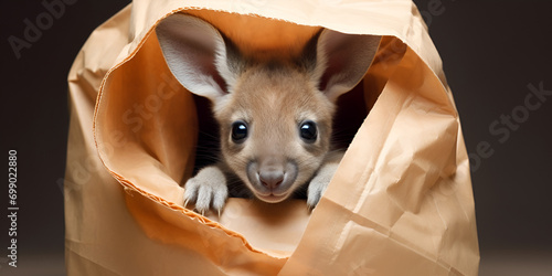 Cute baby kangaroo peeking out of its mothers pouch with its curious and inquisitive face visible , Adorable newborn kangaroo captured in closeup generative ai 