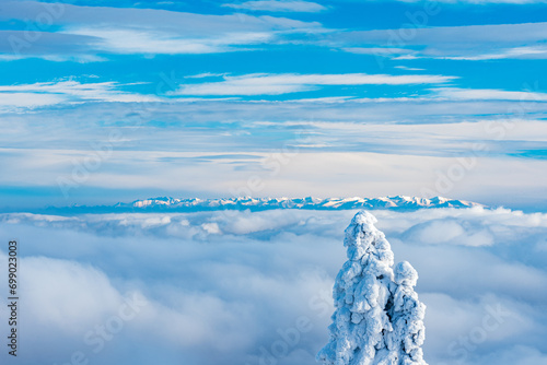 Tatra mountains above clouds from Lysa hora hill in winter Moravskoslezske Beskydy mountains photo