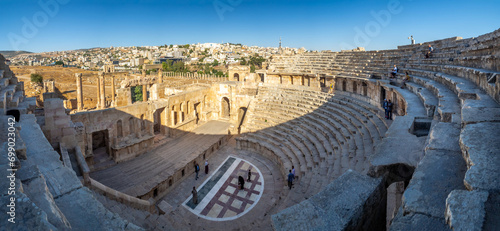 Roman theatre, Jerash Greek and Roman city ruins, tourist area and archeological site