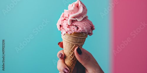 Italian Gelato.  Hand Holding Ice Cream in Waffle Cone on Teal Blue Background. Ice-cream Shop Banner with Copy Space.