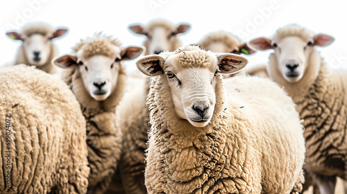domestic sheep stands in front on white background. Selective focus shot of a bunch of. Made with generative ai