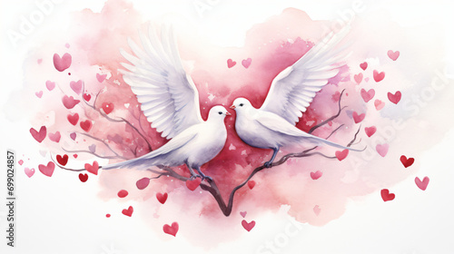 Watercolor illustration featuring a couple of doves photo