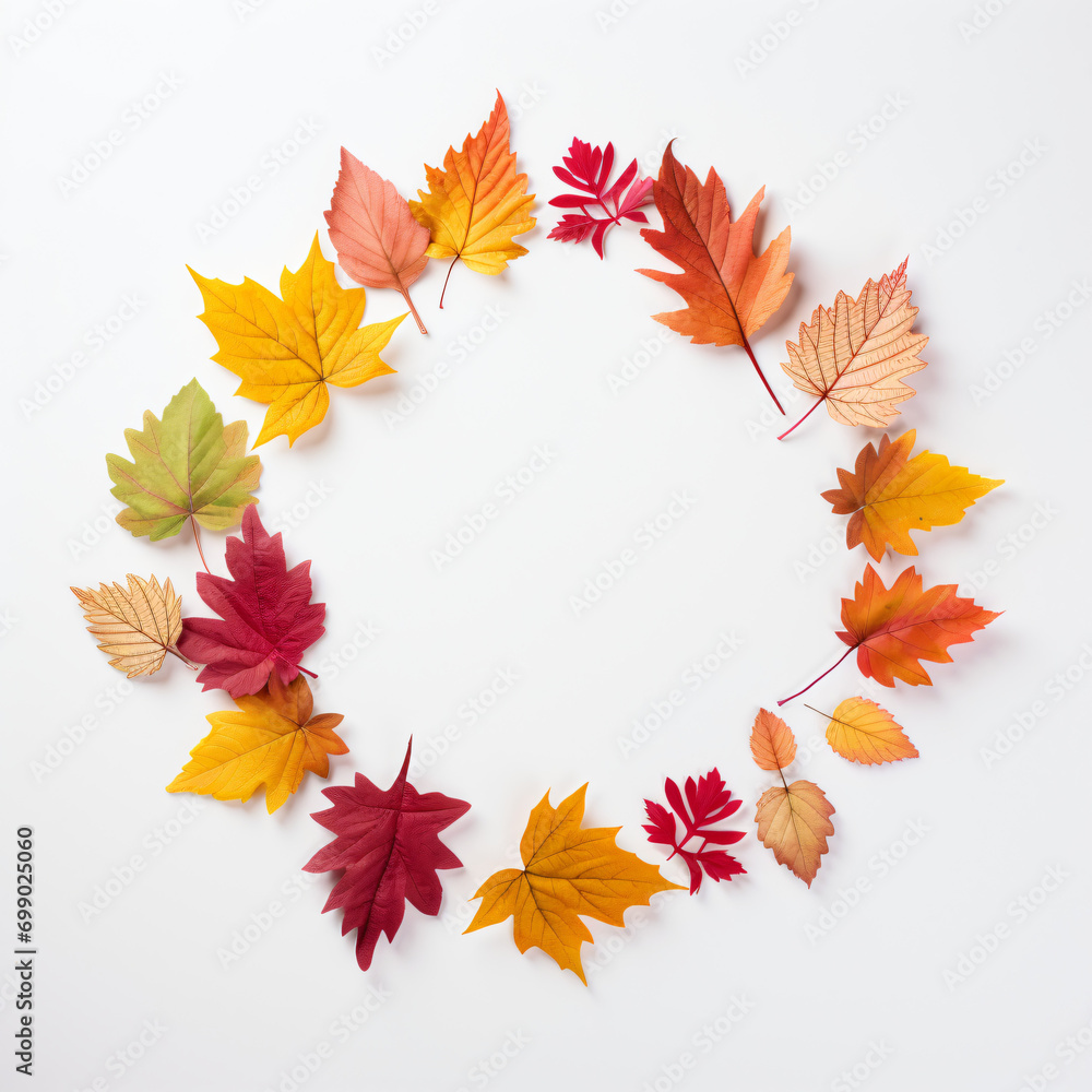 Natural round frame made of autumnal colorful leaves