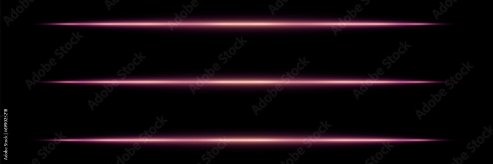 Pack of horizontal highlights. Laser beams, light beams. Beautiful light flashes. Glowing stripes on a dark background.
