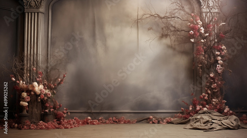 Ethereal Floral Columns - Romantic Backdrop with Blossoms and Mist - captivating backdrop for various themes such as weddings, romantic events, or even theatrical performances