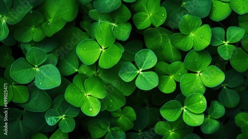 Background with green clover leaves. Shamrock plant in fresh green juicy colors photo