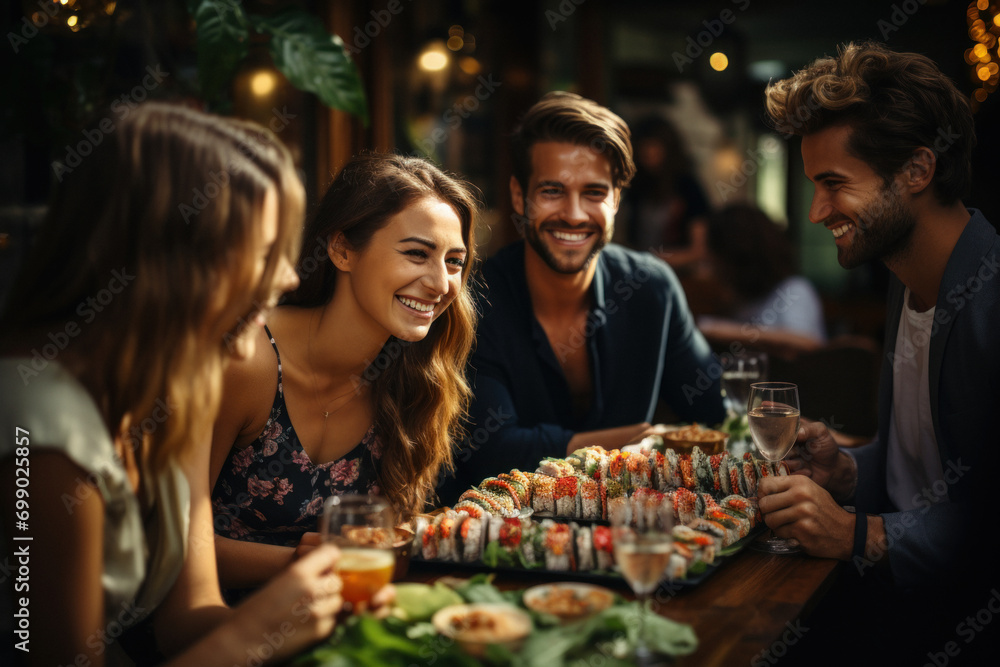 A beautiful company of young people is celebrating in a restaurant and eating sushi - obrazy, fototapety, plakaty 