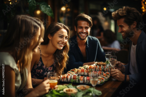 A beautiful company of young people is celebrating in a restaurant and eating sushi